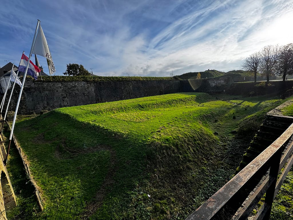 Southern entry to Rocroi fortress, and the 1590 walls