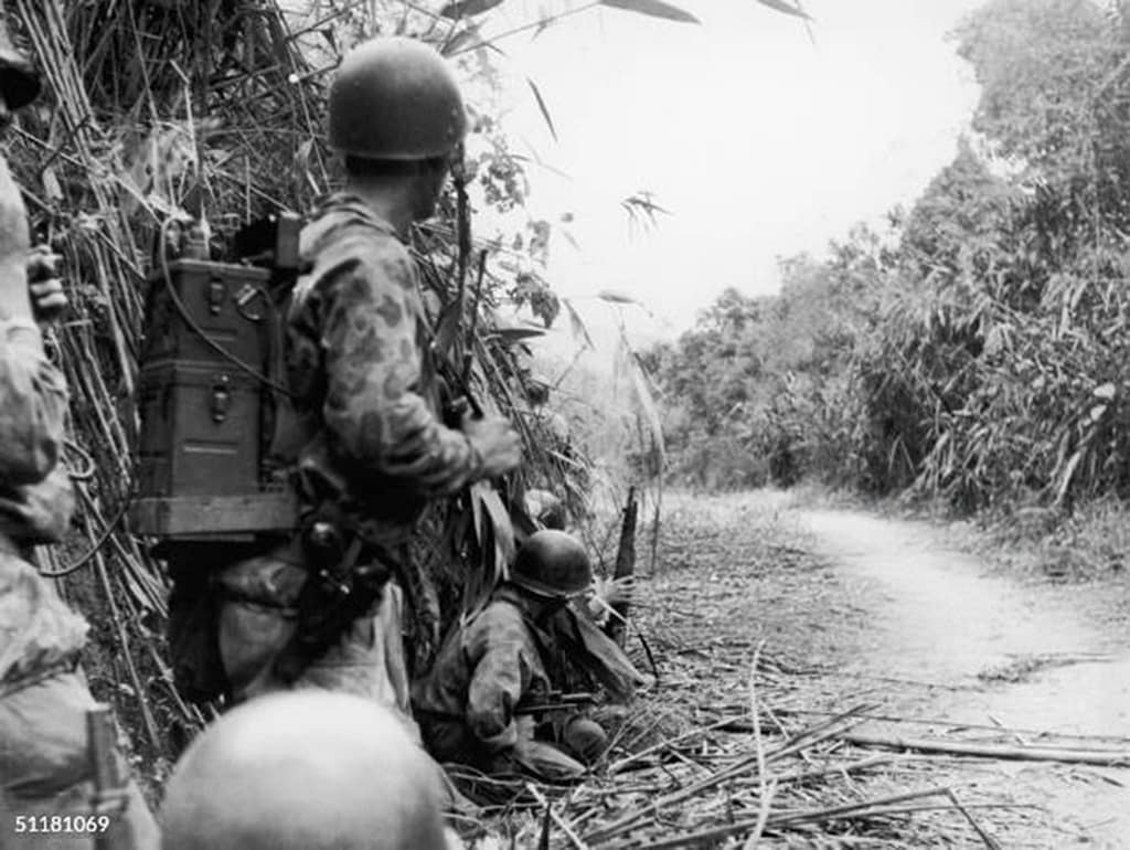 Foreign Legion paratroopers in Indo-China.Route Coloniale No. 4 was a single-lane road like this, bordered by jungle and rugged terrain for most of its length.