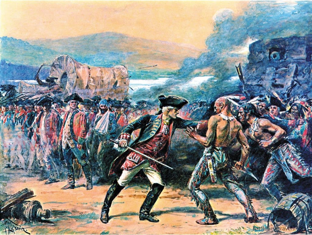 Montcalm intervenes to halt the massacre of prisoners by French Native American allies. Despite the media uproar in response to the massacre, most period accounts seem to acknowledge that Montcalm acted to halt the massacre