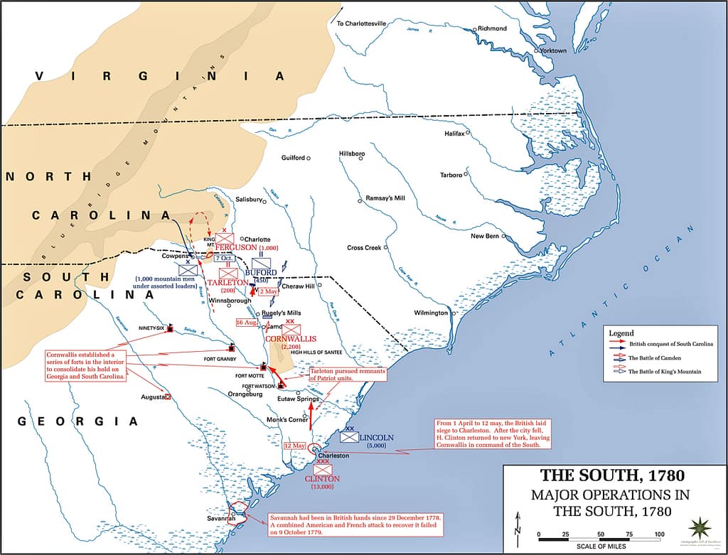 By 1780, the war had shifted to the south and the year started with a string of British successes. Credit: United States Military Academy Department of History