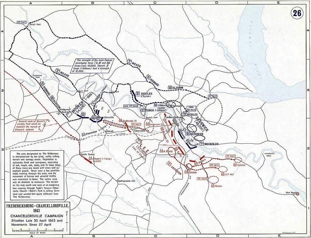 Hooker's bold manoeuvre - He left Sedgwick with 40,000 troops facing Lee at Fredericksburg, while he took 54,000 troops on an enveloping manoeuvre across the Rapahannock and Rapidn Rivers to strike behind Lee's left flank. @ USMA West Point Atlas