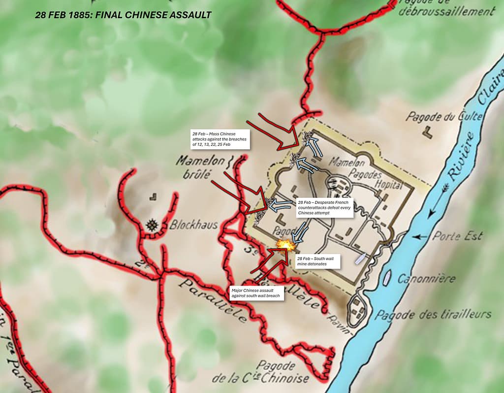 28 February 1885. Tuyên Quang. Map showing the Chinese mine that breached the south wall around 23:30 hours. This was followed by a massive Chinese assault against all of the wall breaches. Desperate French counterattacks managed to hold all the breaches and repel the Chinese attacks.
