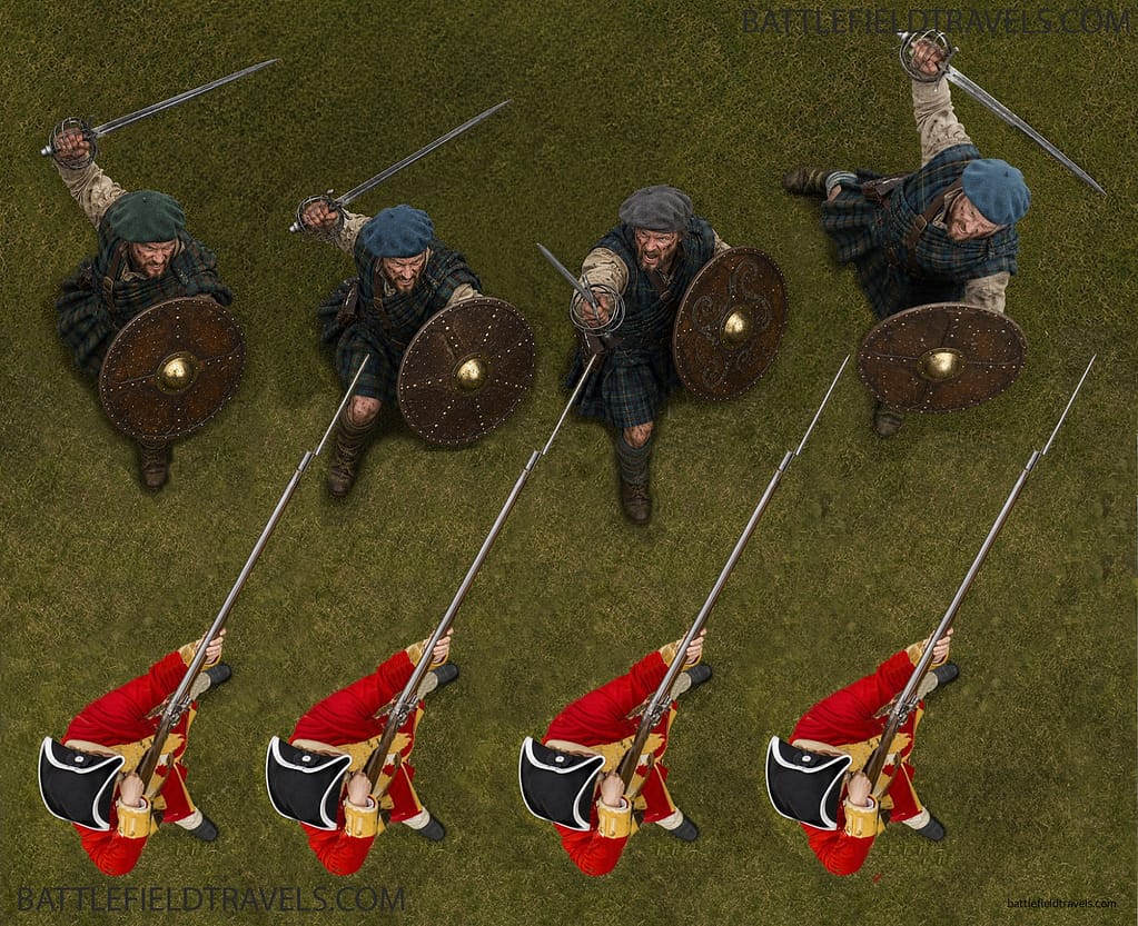 The new bayonet drill bypasses the highlander targe to thrust into the unprotected right side of the body. Multiple eyewitnesses claim that the new bayonet drill was one of the battle-winning innovations in the Duke of Cumberland's army at Culloden. This new drill required a degree of trust between the soldiers in the line. Image: Prictor, M. (2025). BattlefieldTravels.com. Please cite if reproducing.