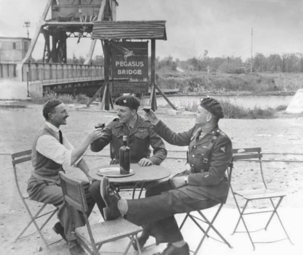 Georges Gondrée, Major John Howard, and Lieutenant David Wood at Pegasus Bridge 1946