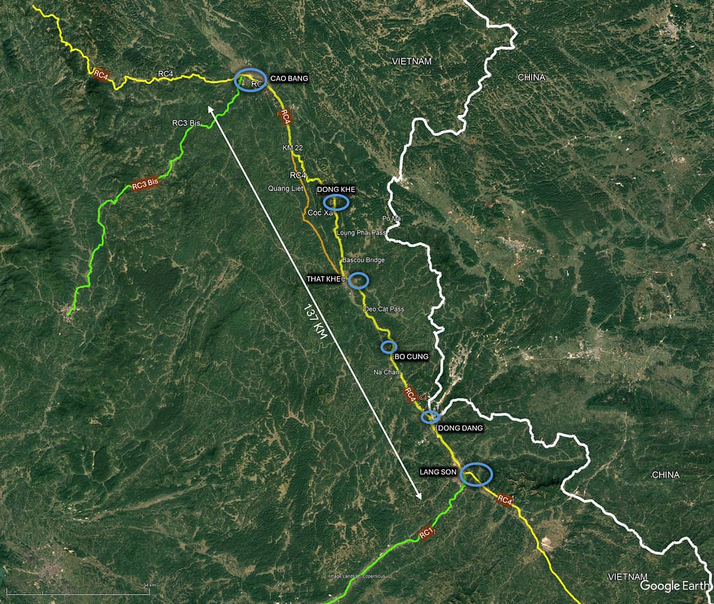 Map of Route Coloniale No. 4. (RC4) commences at Mong Cai on the Chinese border and runs northwest through Lang Son to Cao Bang. RC4 extension continues inland towards Lao Cai. At Lang Son, RC4 is linked to Hanoi via Route Coloniale No. 1. At Cao Bang, RC4 is linked to Bac Kan via Route Coloniale No. 3 Bis (extension). The October 1950 battle took place along the 137km segment between Lang Son and Cao Bang.