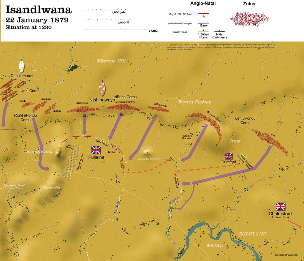 Isandlwana - situation at about 12:30 hours. Map used with permission of Jeffery P. Berry. https://obscurebattles.blogspot.com/2019/02/isandlwana-1879.html