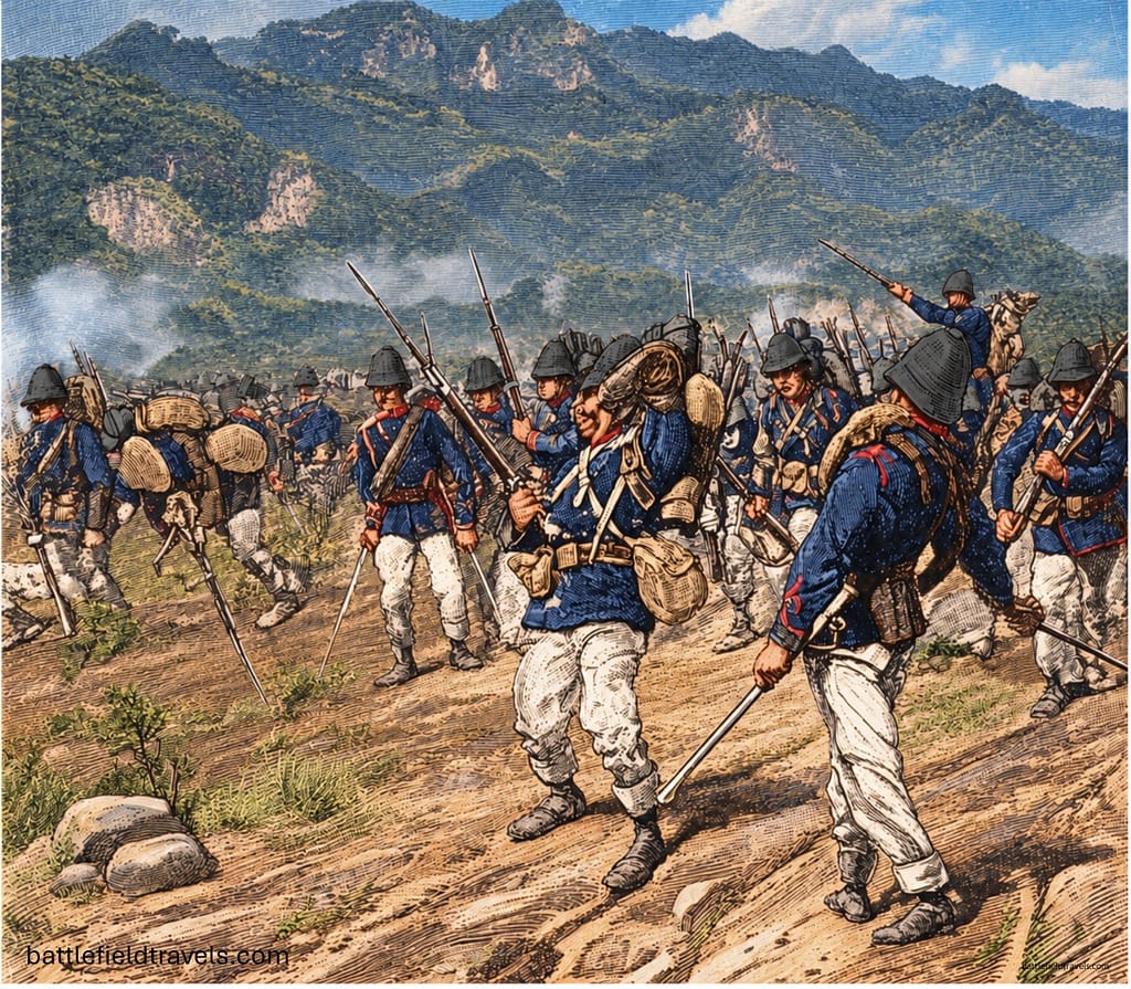 Marines of the Mahias Battalion assault the formidable Black Flag defences at Hòa Mộc, 2 March 1885
