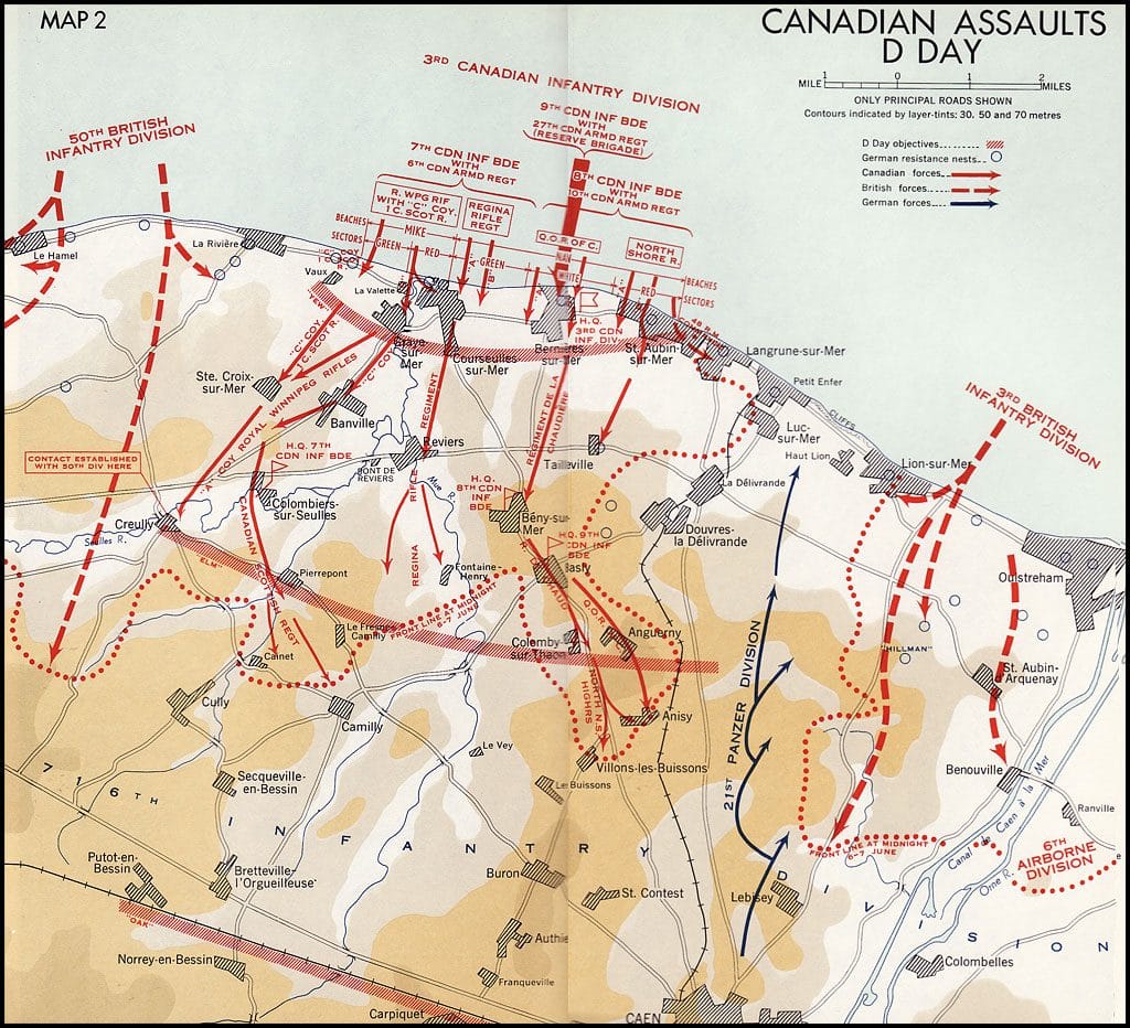 Diagram of Juno Beach, the flanking zones at La Riviere and Langrune-sur-Mer, and the 21st Panzer Division counterattack route.