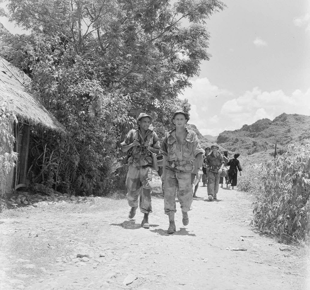 Operation HIRONDELLE. Major Marcel Bigeard (right), commander of 6th Colonial Parachute Battalion, near Kỳ Lừa caves, 17 July 1953. Bigeard had already earned a legendary reputation leading 6e BPC on an epic fighting withdrawal from Tu Le, against overwhelming odds, in October 1952.
