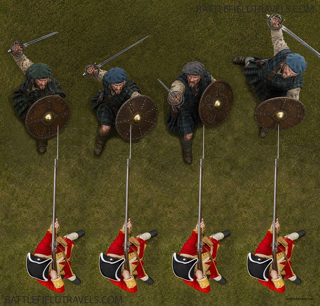 The standard bayonet drill is defeated by the highlander targe. The highlanders train to catch the bayonet on the targe and immediately strike with the broad sword. The leaders of the Government Army knew this, and innovative minds were seeking a solution. Image: Prictor, M. (2025). BattlefieldTravels.com. Please cite if reproducing.