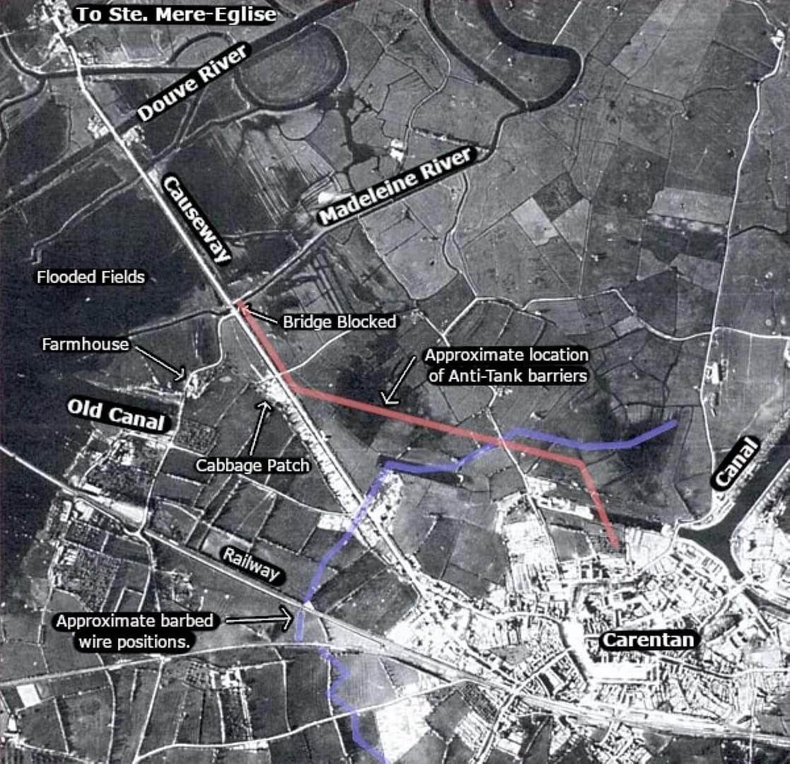 Purple Heart Lane aerial photo. Note the flooded fields either side of the causeway between the Douve River and La Madeleine River. This forced the 520 PIR to attack on an extremely narrow frontage - sometimes single file.