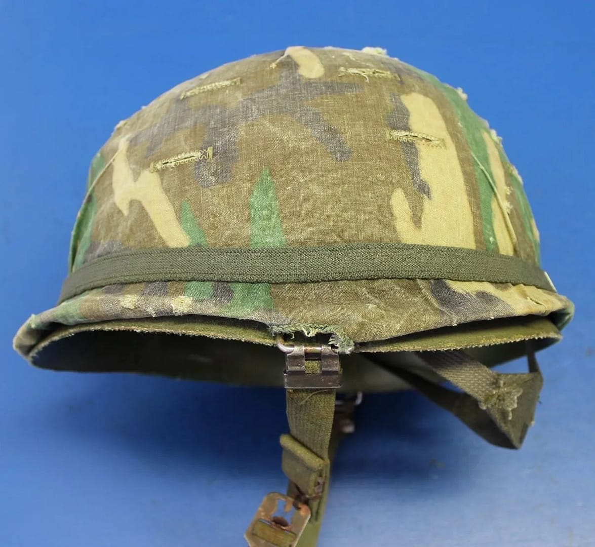 US Vietnam War era M1 helmet with ERDL cloth helmet cover