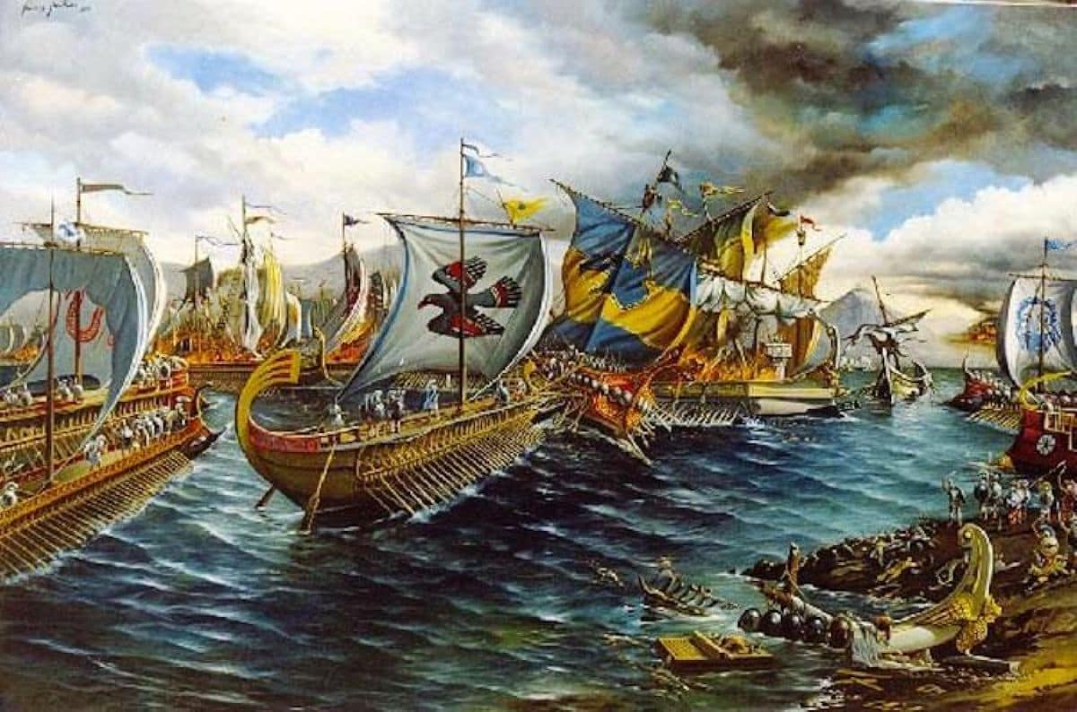 The Battle of Salamis in late September 480BC. The combined Greek fleet defeated a much larger Persian fleet in the Straits of Salamis, near Athens.