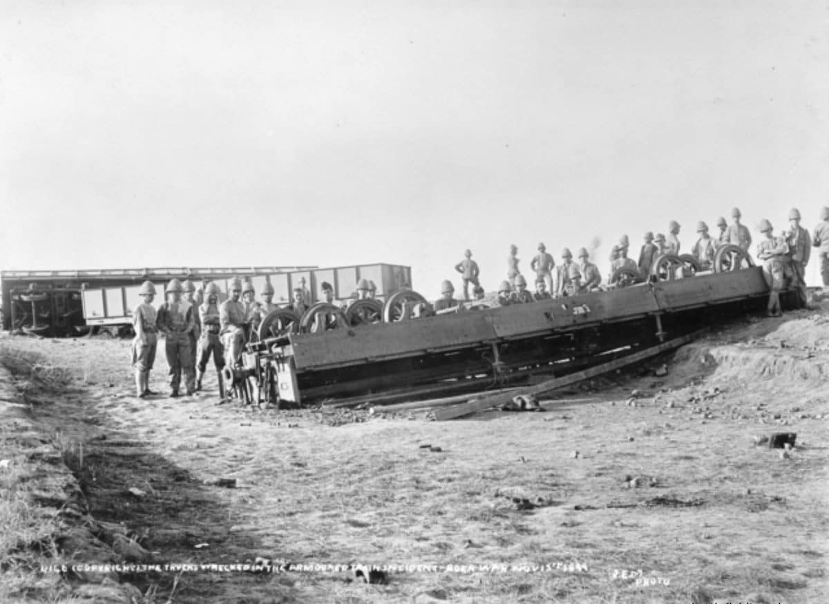 The wrecked armoured train in the days after the attack