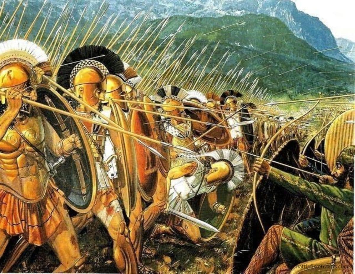 Ancient Warfare - The Spartans and their Greek allies defend the Pass of Thermopylae against a vast Persian army, 480BC. Painting by Peter Connolly