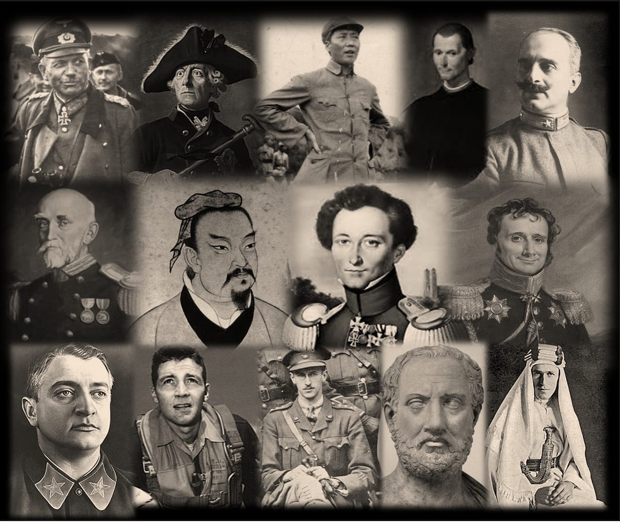 Classic war theorists and strategists - Top Row: Guderian, Frederick, Mao Zedong, Machiavelli, Douhet. Middle Row: Mahan, Sun Tzu, Clausewitz, Jomini. Bottom Row: Tukachevskii, Boyd, Liddell-Hart, Thucydides, T.E. Lawrence