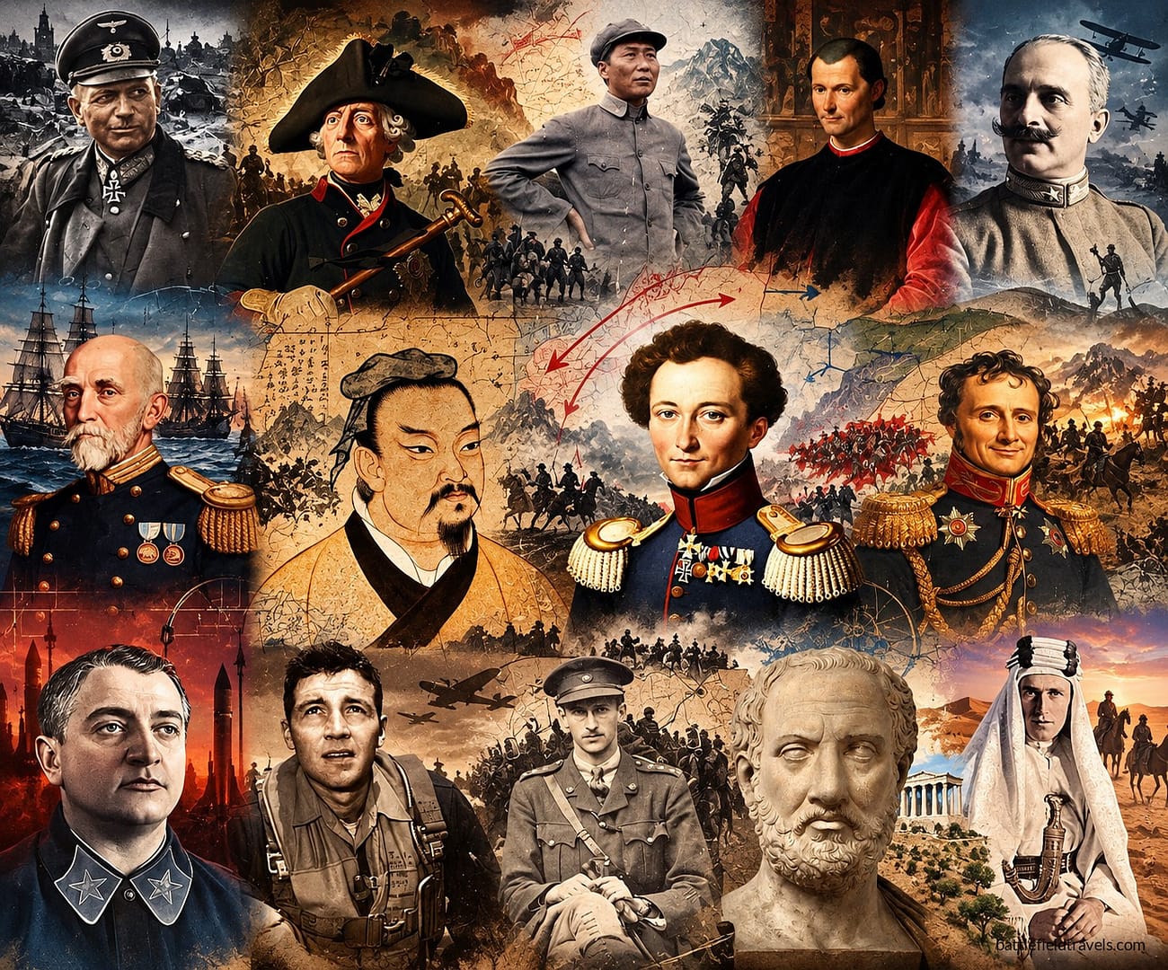 Classic war theorists and strategists - Top Row: Guderian, Frederick, Mao Zedong, Machiavelli, Douhet. Middle Row: Mahan, Sun Tzu, Clausewitz, Jomini. Bottom Row: Tukachevskii, Boyd, Liddell-Hart, Thucydides, T.E. Lawrence