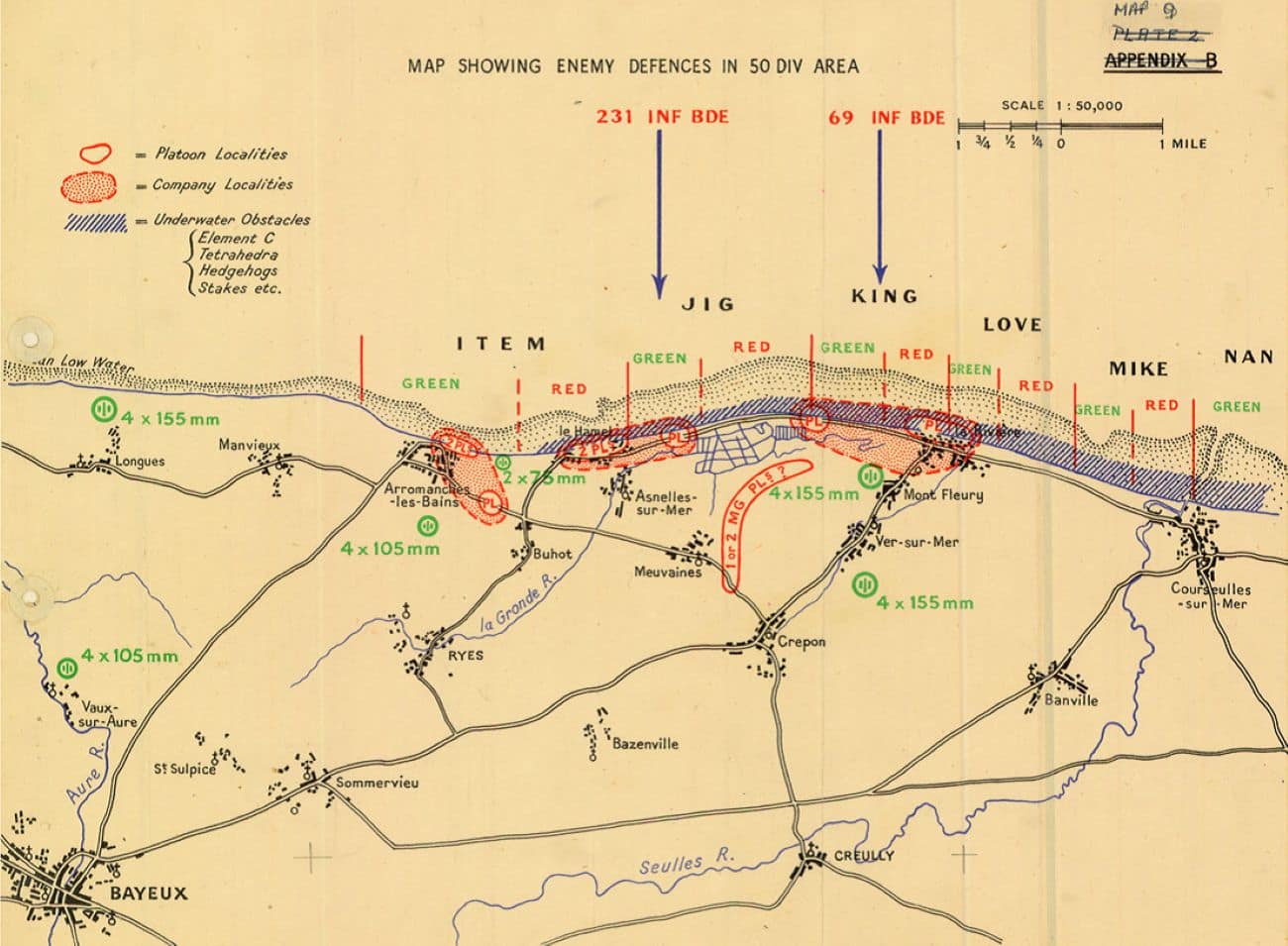 Operations map of Gold Beach showing the Sector designations and the key towns