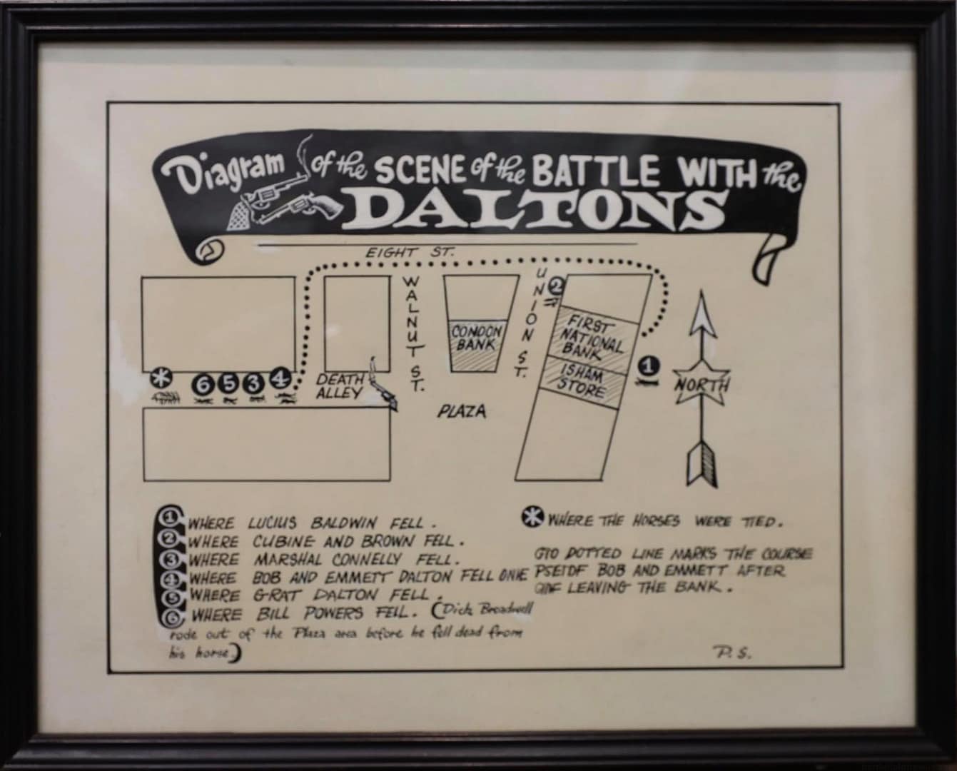 Diagram of the Dalton Gang shootout with law officers and townspeople of Coffeyville Kansas, 5 December 1892