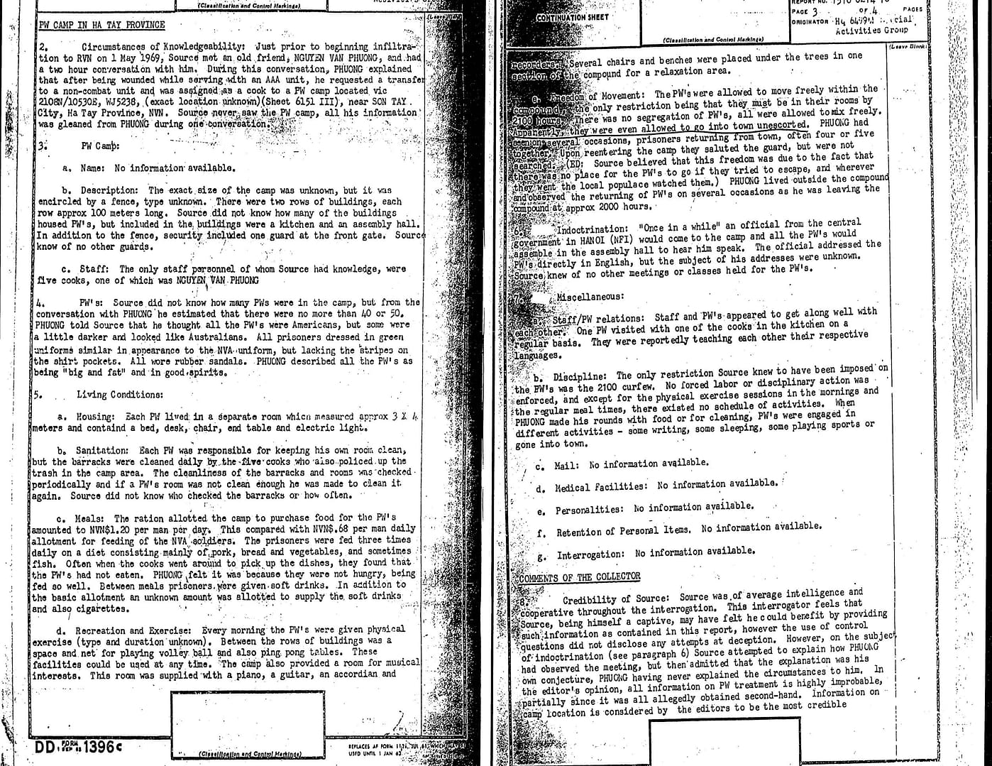 US DoD Intelligence report dated 5 March 1970, from interrogation of a North Vietnamese Army captive. The report provides a detailed description of American POWs being held at the Son Tay Prison compound.