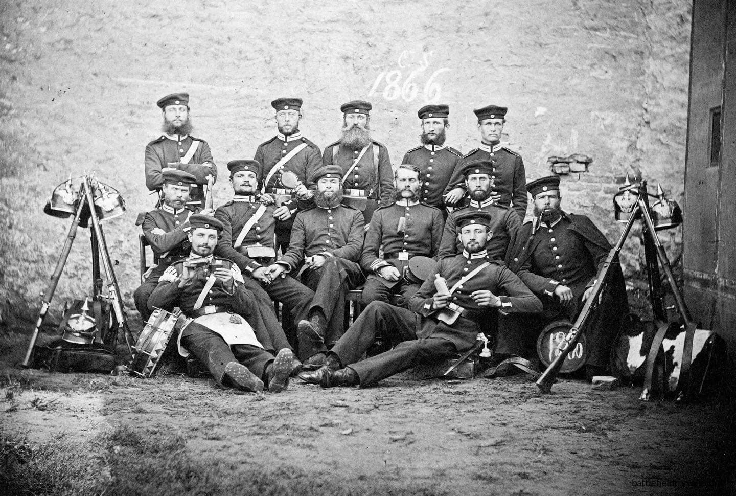 Prussian soldiers of the Garde Fusilier Regiment. Identifiable by their Model 1860 pickelhaubes with Garde stars, and their stacked Dreyse Model 1860 Zündnadel Füsiliergewehrs