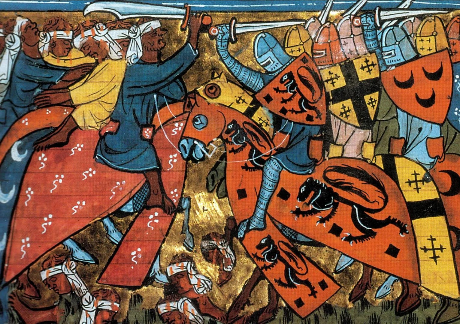 Mounted Crusaders do battle with mounted Saracens during the Crusades
