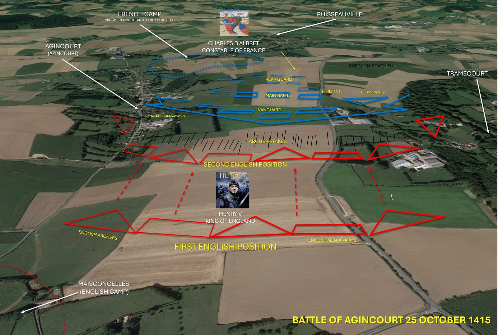 Micro-terrain: Aerial view of Agincourt battlefield, define by the forests of Agincourt on the left and Tramecourt on the right.