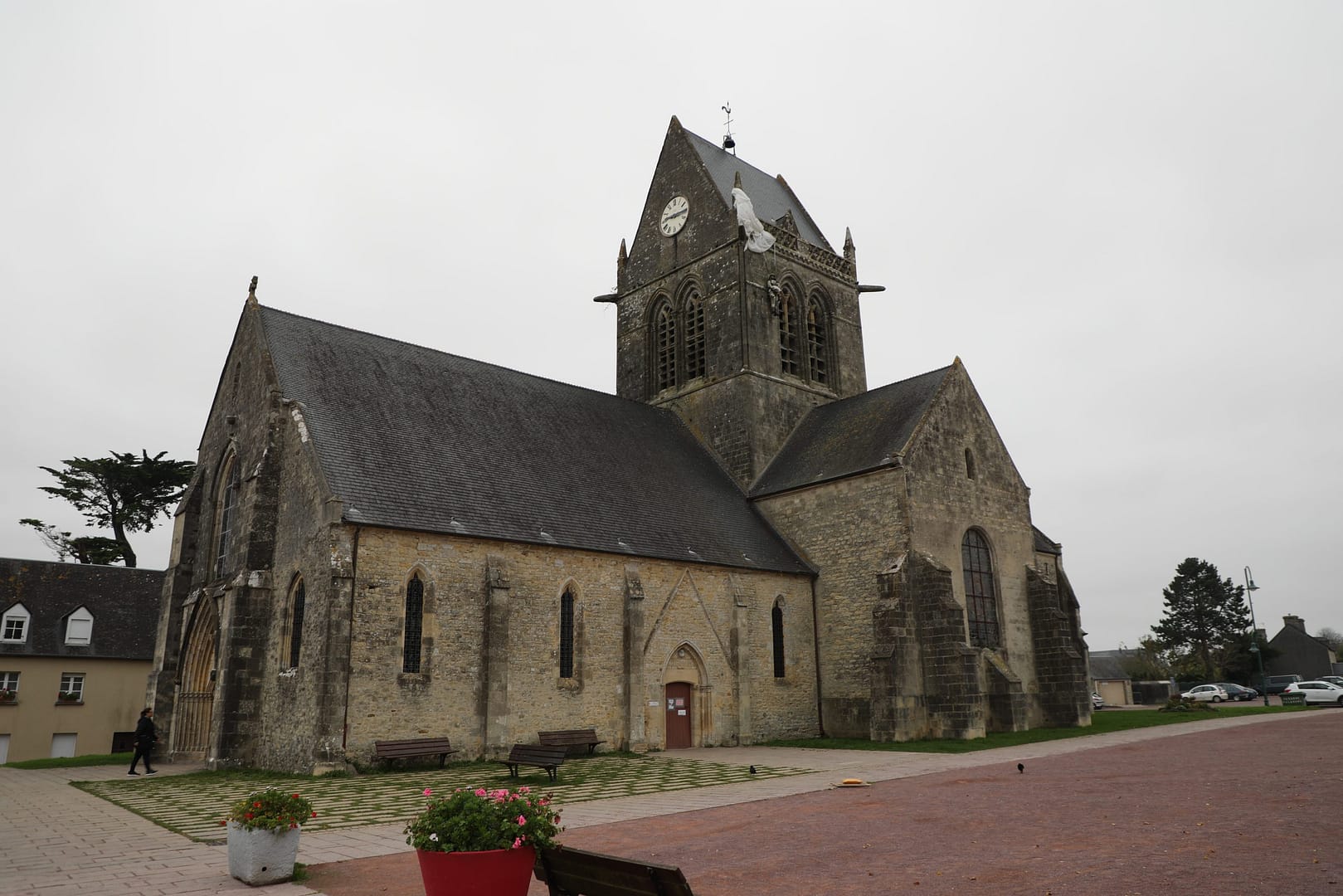Sainte-Mere Eglise cathedral. Paratroopers from the 505th Parachute Infantry Regiment, 82nd Airborne Division, landed all over this area. Private John Steele landed on the roof of the cathedral and his parachute caught in the eaves.