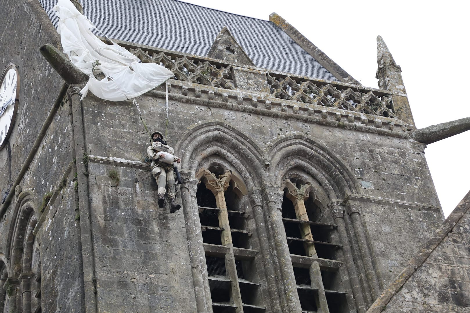 Sainte-Mere Eglise cathedral. Paratroopers from the 505th Parachute Infantry Regiment, 82nd Airborne Division, landed all over this area. Private John Steele landed on the roof of the cathedral and his parachute caught in the eaves.