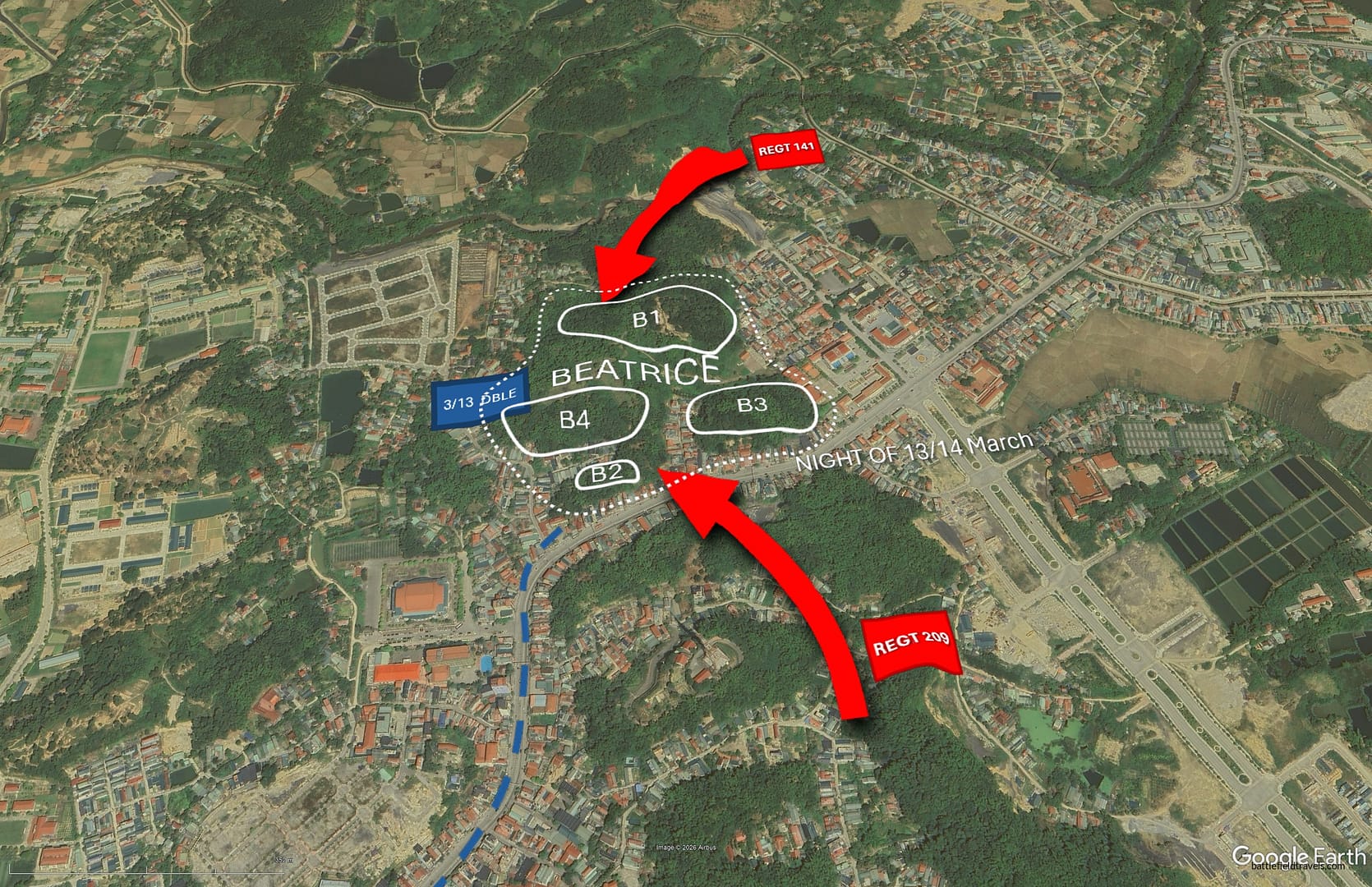 Map: Night of 13/14 March, Strongpoint Beatrice and its garrison of tough Legionnaires is overrun