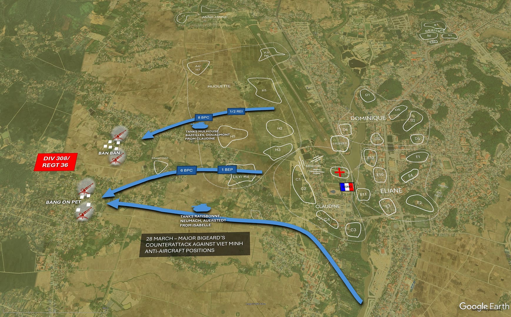 28 March. Major Marcel Bigeard leads a four-battalion attack supported by artillery and airpower to eliminate the Viet Minh anti-aircraft positions west of the main French positions.