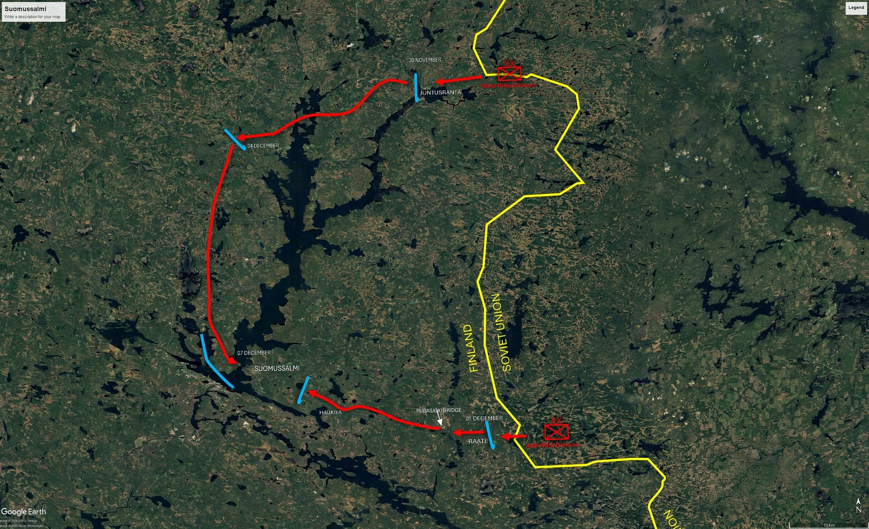 Overview of the Soviet assault in the Suomussalmi sector, Central Finland. On 30 November 1939, the Soviet 163rd Division crossed the border near Juntusranta, and the 44th Division crossed near Raate. Both divisions converged on Suomussalmi. The Soviet plan was to seize Suomussalmi, then advance to Oulu, cutting Finland in two.