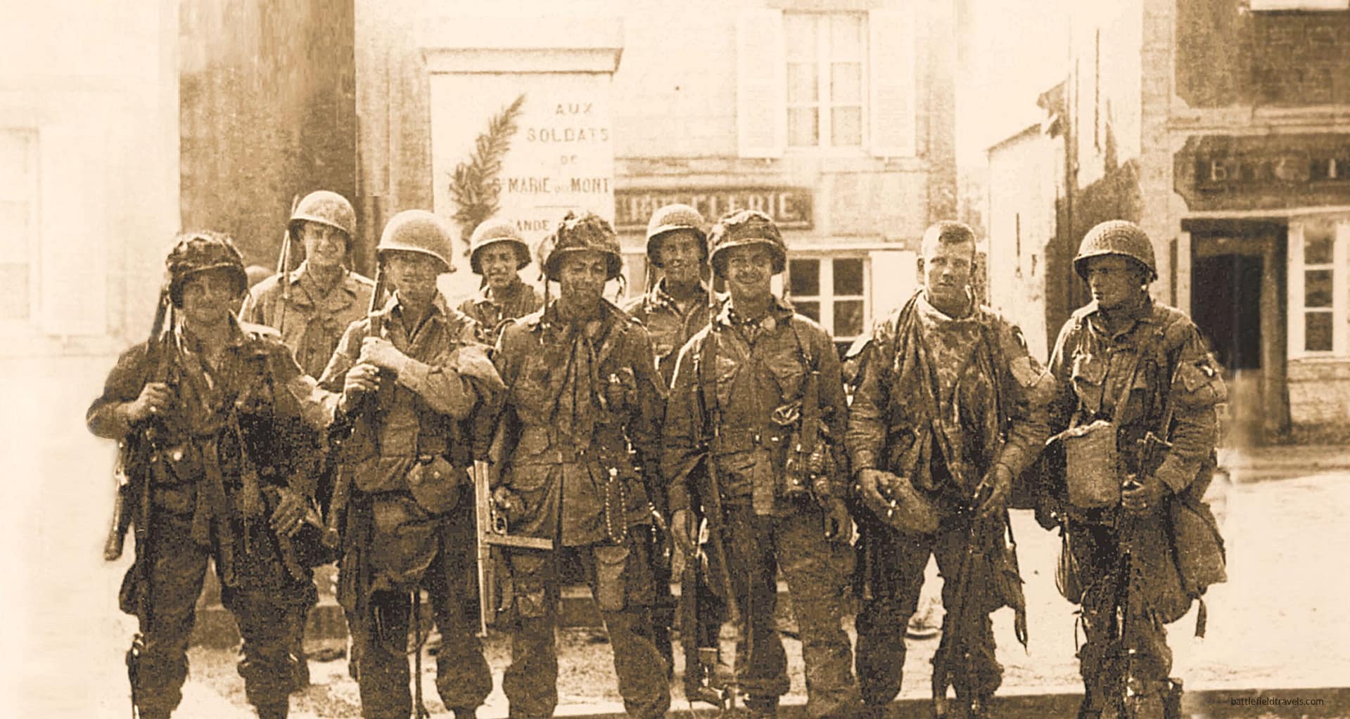 Members of Easy Company, 506th PIR 'Band of Brothers' in the main square of Sainte Marie du Mont on D-Day, 6 June 1944