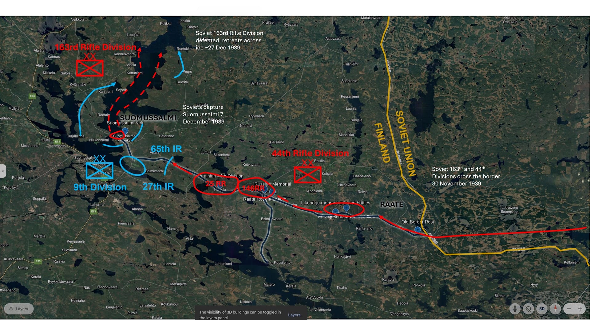 Battle for Suomussalmi 7-27 December 1939. The Finns abandoned Suomussalmi to the Soviets on 7 December. The Finnish counterattack on 27 December defeats the 163rd Division, and survivors flee through 30km of frozen lake and forest. Few survive.