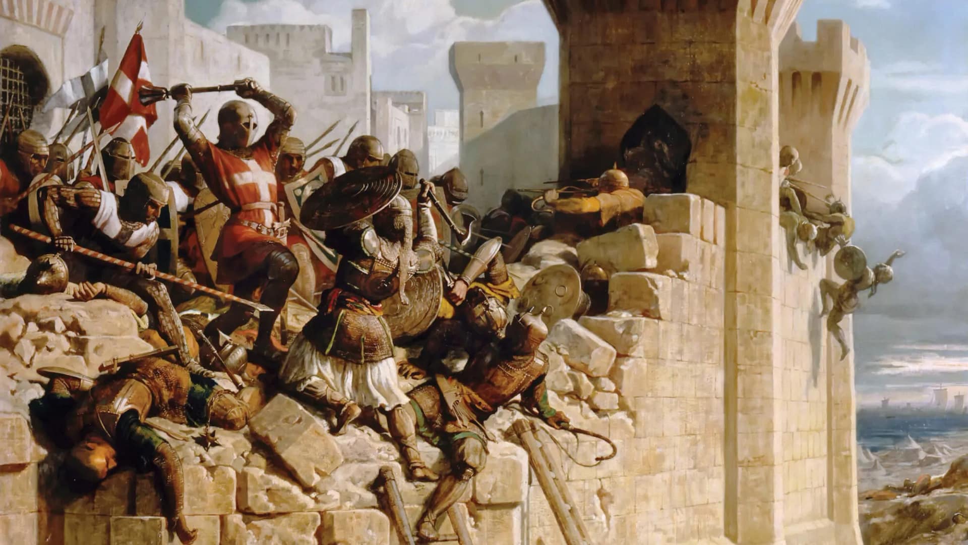 Guillaume de Clermont defending the walls at the Siege of Acre, 1291. Artist Dominique Papety