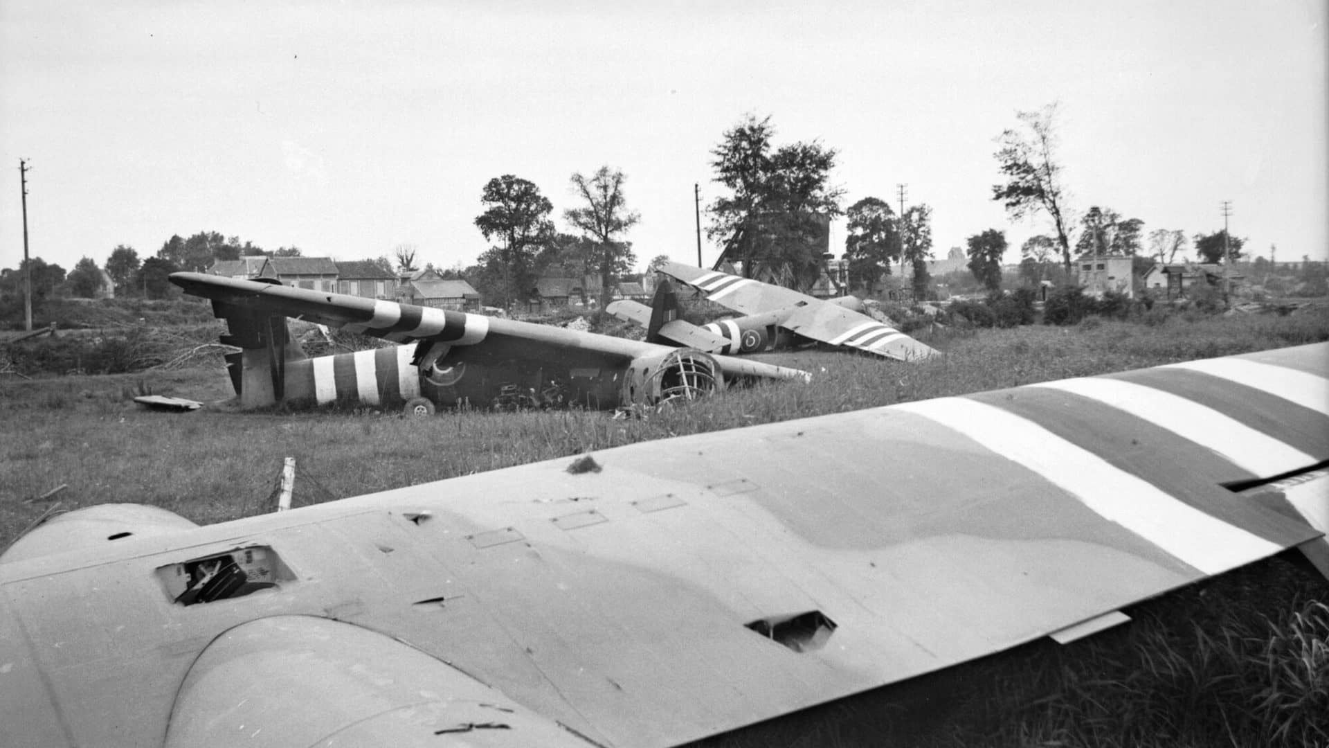 Pegasus Bridge, view over all Glider No. 2, Glider No. 1 and the Benouville Bridge visible in the background.