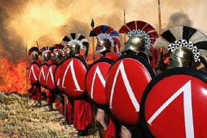 Spartan Phalanx. The shields are marked with the Greek 'Lamda' for Lacedaemon, the Spartan homeland.