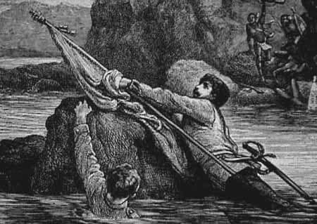 Contemporary depiction of Melville and Coghill saving the Queen's Colour of the 1st battalion, 24th Regiment of Foot at Isandlwana. Wikimedia Commons.