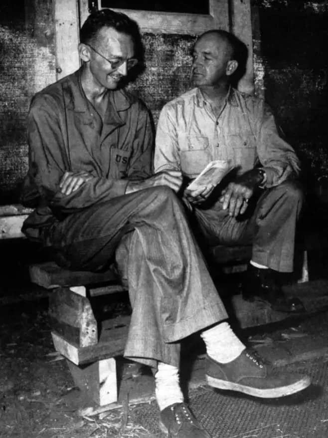 War correspondent Richard Tregaskis (left) with Maj. Gen. Alexander A. Vandegrift, who led the Marine forces during the invasion of Guadalcanal, ca. 1942. U.S. Marine Corps photo
