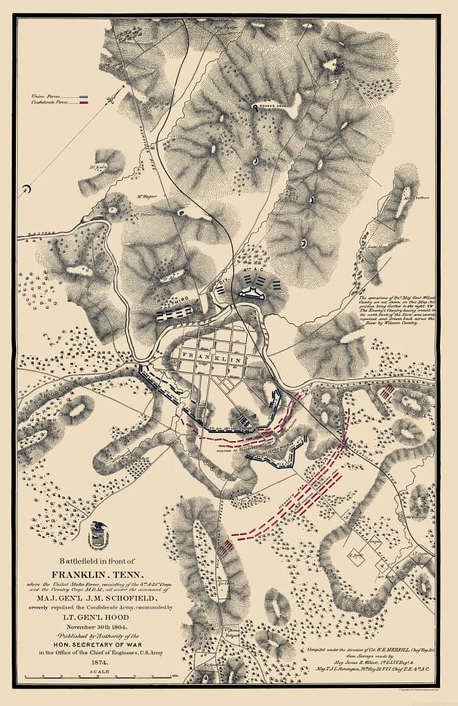 1874 Map of the Franklin battlefield, showing the Union defences anchored on the Harperth River