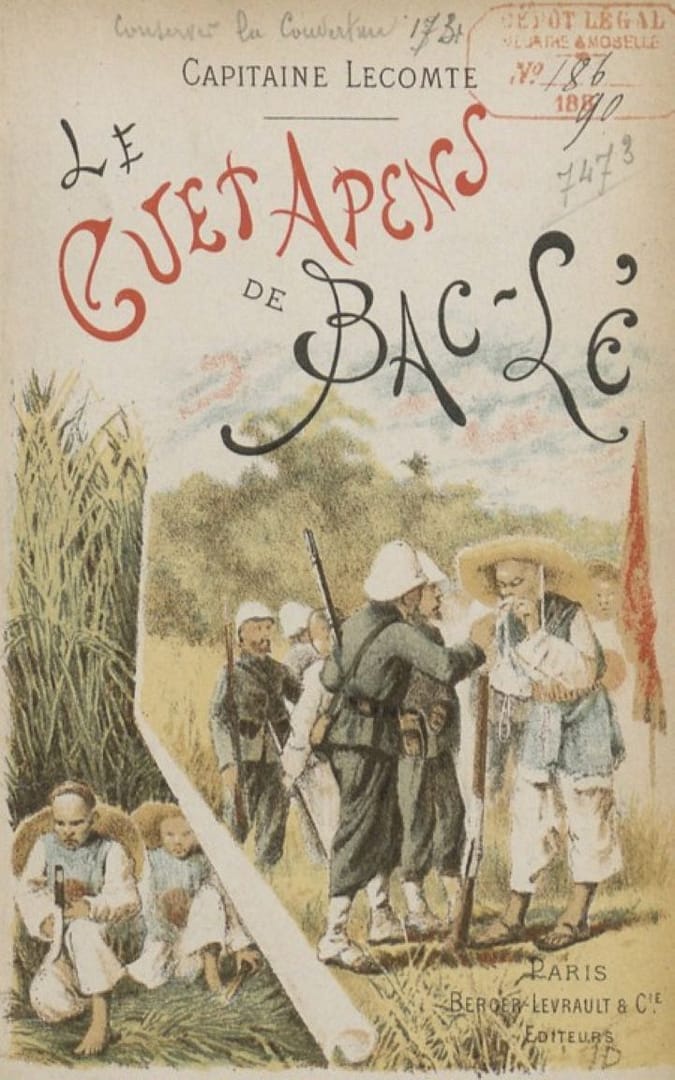 The cover of Capitaine Lecomte's 1890 report on the battle. The cover illustration depicts a Chinese Mandarin negotiating in apparent good faith, while the peeled-back facade reveals Chinese soldiers waiting in ambush.
