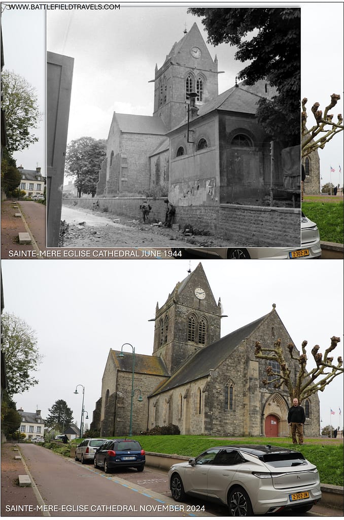 Then and now - 1944 and 2024. American paratroopers cover each other as they bound towards the Sainte-Mere Eglise cathedral