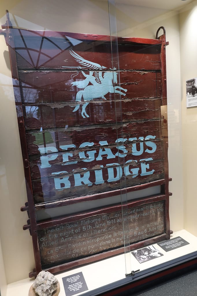 The original sign that stood at the western end of Pegasus Bridge, now preserved at the museum