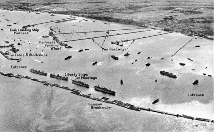 'Mulberry B' artificial harbour at Arromnaches, Gold Beach