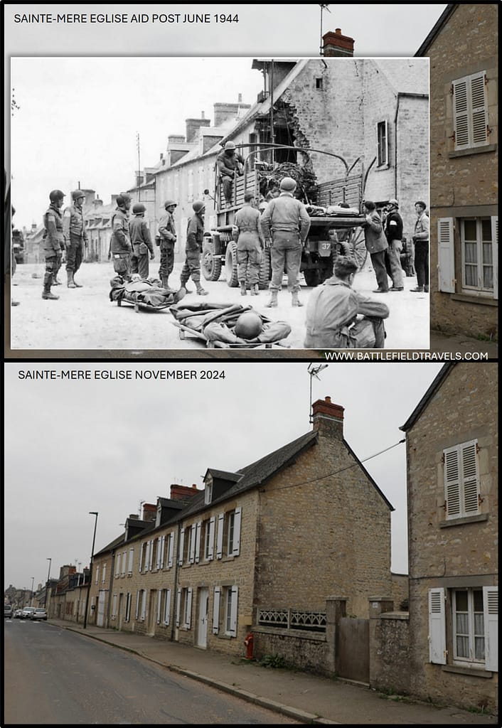 Then and now - 1944 and 2024. American medics gather wounded near the Aid Post, Sainte-Mere Eglise. The building behind them damaged by artillery fire but still there 80 years later