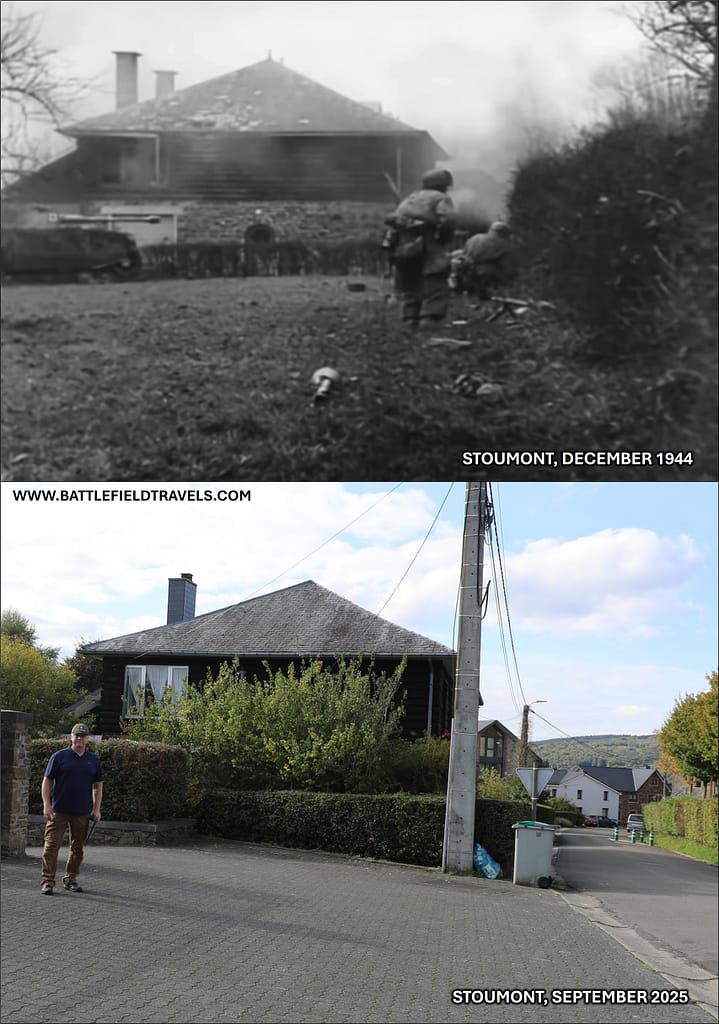 Then and Now. Battle of the Bulge, Stoumont. German paratroopers assigned to Kampfgruppe Peiper attempt to clear positions held by the US 30th Infantry Division, 9 December 1944