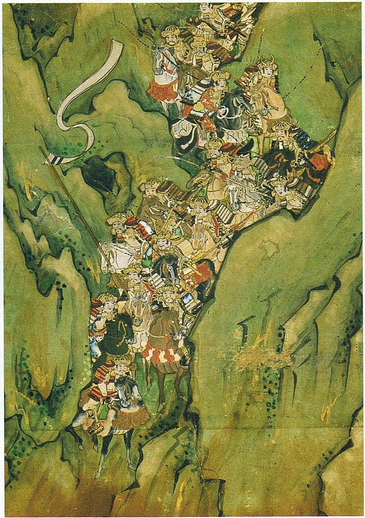Minamoto forces descend the cliff face behind Ichi-no-Tani (1184) during the Gempei Wars