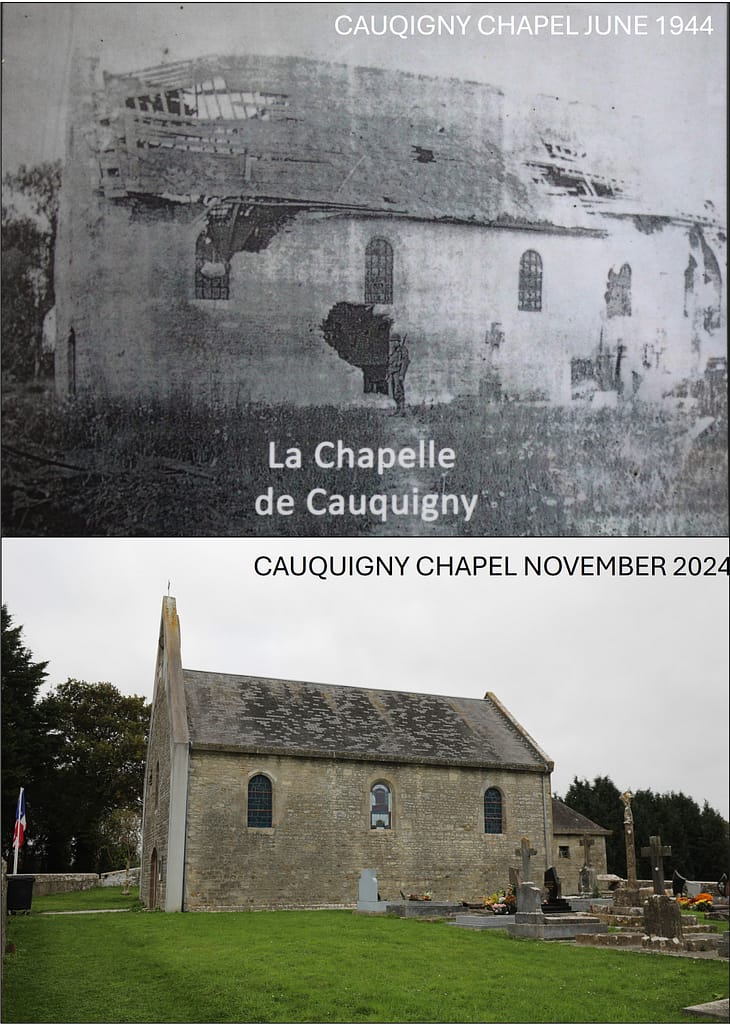 Then and now - 1944 and 2024. Cauquigny Chapel at the western end of the La Fiere Causeway - severely damaged in the fighting 6-9 June 1944