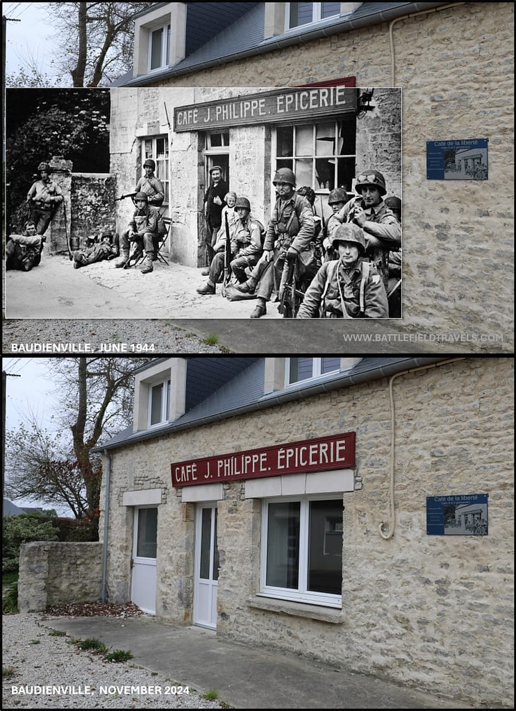Then and Now. Utah Beach - Possibly 90th Division soldiers at Cafe J. Philippe, Baudienville. My shot November 2024
