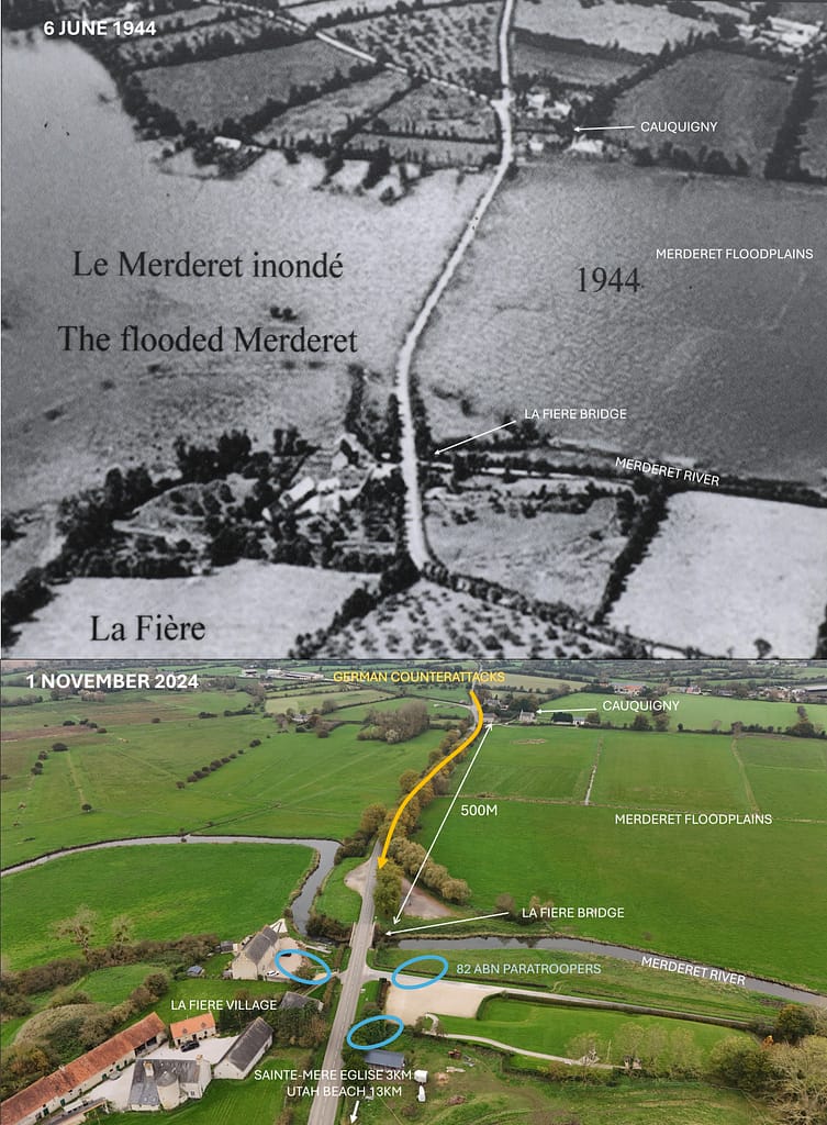 Then and Now. 2024 aerial shot of the causeway between La Fiere and Cauqigny compared with a June 1944 aerial photo. Note how the Germans had flooded the farmlands. This is why the bridges and the causeways were essential to getting the troops off Utah Beach.